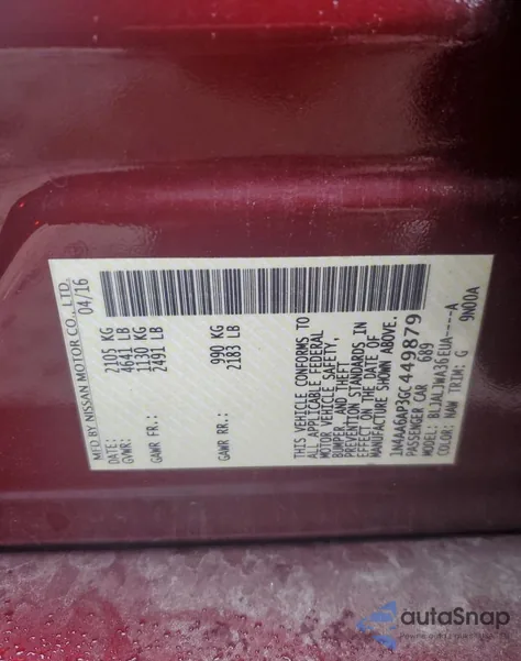 2016 Nissan Maxima 3.5S from USA, damaged, VIN 1N4AA6AP3GC449879